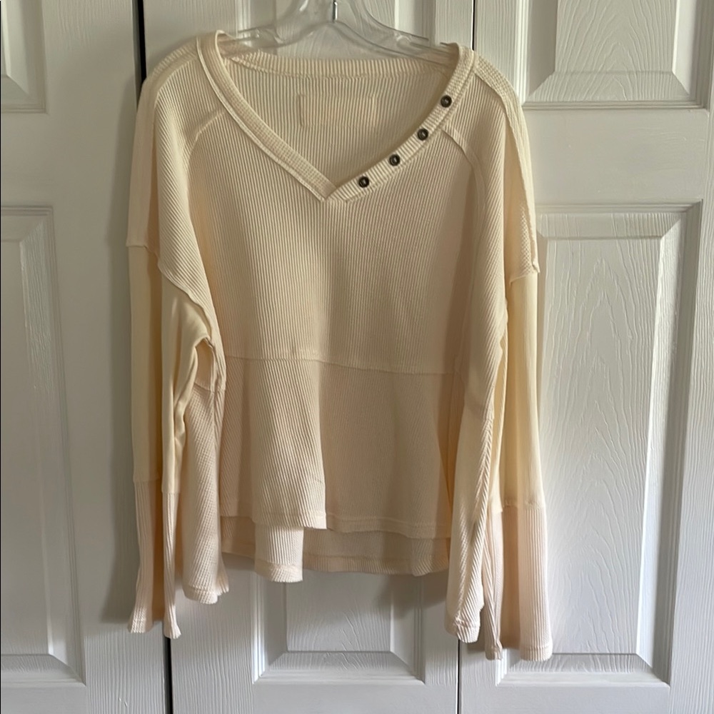 Cream V-Neck Sweater with Button Detail